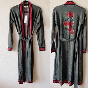 L'AGENCE Womens Embroidered Cleo Gray Red Long Knit Cardigan Wool Blend Size XS